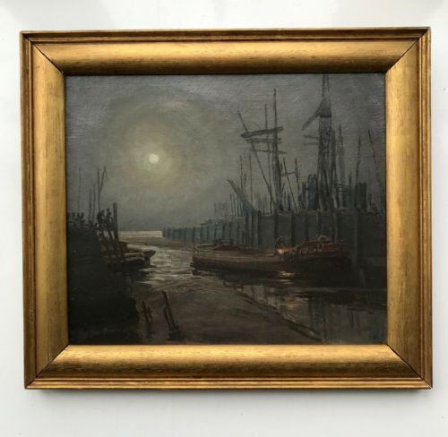 fig 1. Style of Atkinson Grimshaw & Walter Meegan Original Antique English Oil Painting on Canvas Moonlight Dock possibly Liverpool