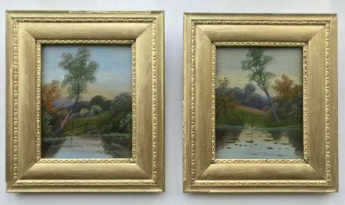 A Pair of Oil Original Antique Oil Paintings on Wood Panels of River Landscape Scenes
