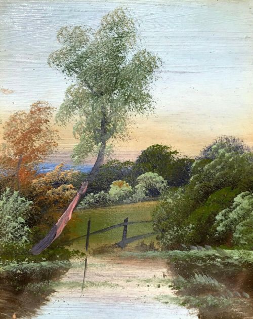fig 1. A PAIR of Oil Original Antique Oil Paintings on Wood Panels of River Landscape Scenes