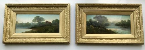 Pair of Antique Landscape Paintings Decorative Gilt Wooden Period Frames (Rebate) 43 X 23 Cm
