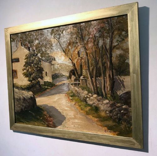 fig 1. Arnold Denby Signed Original English Vintage Oil Painting on Board Yorkshire Dales Village Landscape View