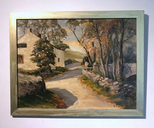 fig 2. Arnold Denby Signed Original English Vintage Oil Painting on Board Yorkshire Dales Village Landscape View