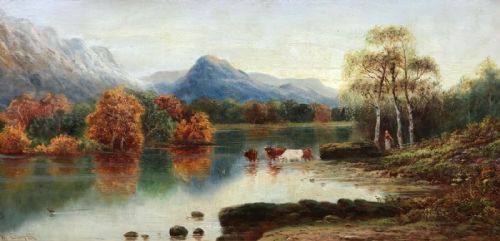William James Smith Crampton Original Antique Oil Painting Highland Cattle Scene