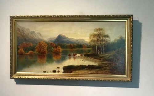 fig 1. William James Smith Crampton Original Antique Oil Painting Highland Cattle Scene
