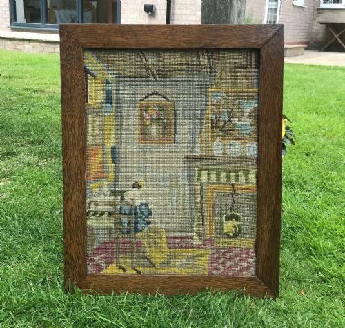 Original Antique Oak Wood Framed Tapestry Wool Work Embroidery Tapestry Victorian Interior Scene