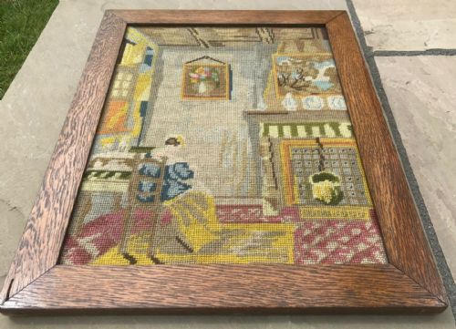 fig 1. Original Antique Oak Wood Framed Tapestry Wool Work Embroidery Tapestry Victorian Interior Scene