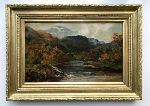 Original Antique Oil Painting on Canvas Scottish Highland Stream Landscape Scene