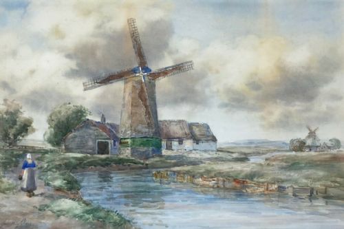 John Hamilton Glass Original Antique Watercolour Painting Veere Windmill Holland Dutch Landscape
