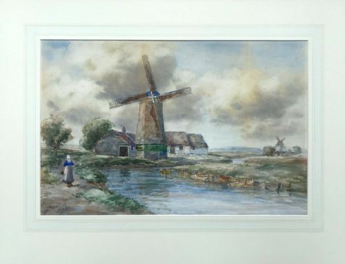 fig 1. John Hamilton Glass Original Antique Watercolour Painting Veere Windmill Holland Dutch Landscape