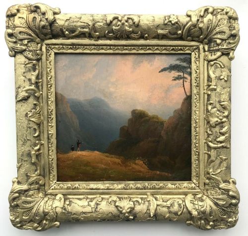 Circa 1830'S Antique Original Scottish School Oil Painting on Board Highland Landscape & Figures