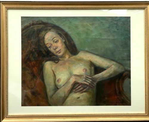 olive bagshaw manchester salford art school original oil painting on canvas reclining female nude - CATEGORY: ANTIQUE ART - DATED 1960