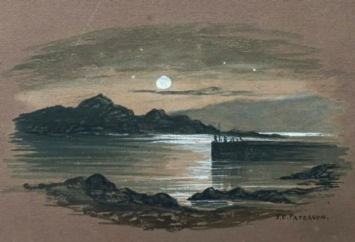 signed j c paterson original antique watercolour painting moonlit lake landscape - CATEGORY: ANTIQUE ART - DATED 1900
