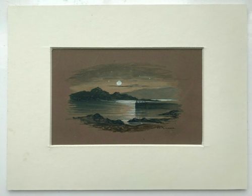 SIGNED J C PATERSON ORIGINAL ANTIQUE WATERCOLOUR PAINTING MOONLIT LAKE LANDSCAPE - ADDITIONAL PHOTO 1