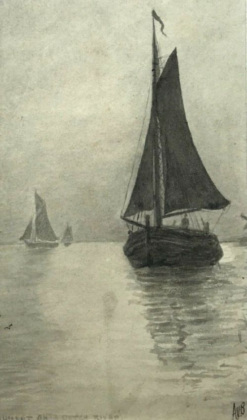 Signed Avb Original Antique Watercolour Painting Fishing Sunset on Dutch River