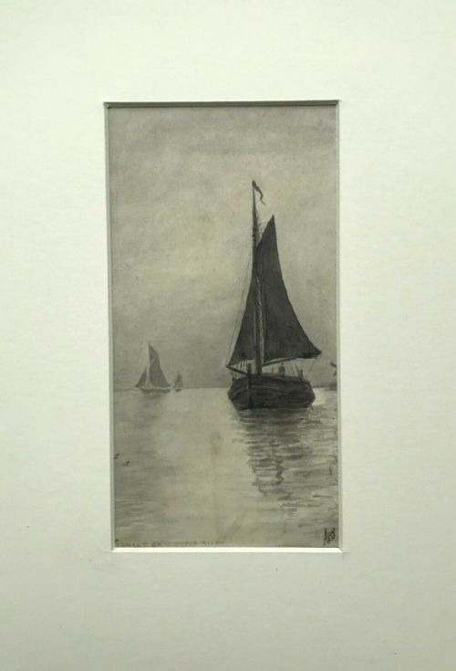 fig 1. Signed AVB Original Antique Watercolour Painting Fishing Sunset on Dutch River