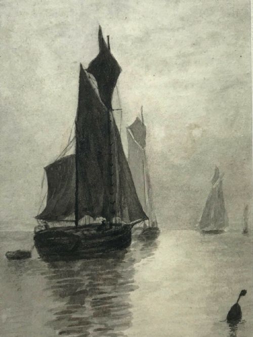 Signed Avb Original Antique Watercolour Painting Fishing Sunset Off the Coast
