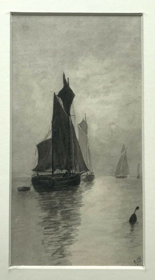 fig 1. Signed AVB Original Antique Watercolour Painting Fishing Sunset off the Coast