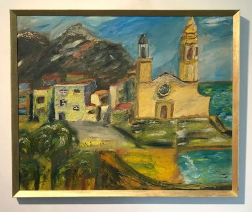 Original Mid 20th Century Vintage Oil Painting on Board Church at Sitges Near Barcelona Catalonia Spain