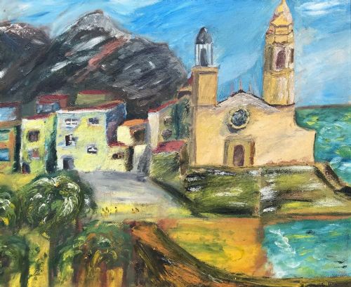 fig 1. Original Mid 20th Century Vintage Oil Painting on Board Church at Sitges near Barcelona Catalonia Spain