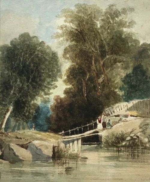 Original Antique Watercolour Painting Titled 1835 Newcastle, Figures & Bridge