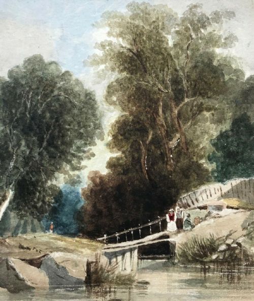 fig 1. Original Antique Watercolour Painting Titled 1835 Newcastle, Figures & Bridge