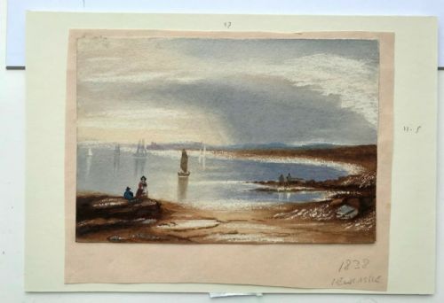 fig 1. Original Antique Watercolour Painting Titled 1838 Newcastle, Figures & Coast