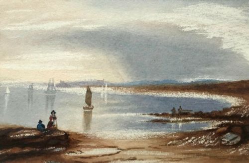 Original Antique Watercolour Painting Titled 1838 Newcastle, Figures & Coast