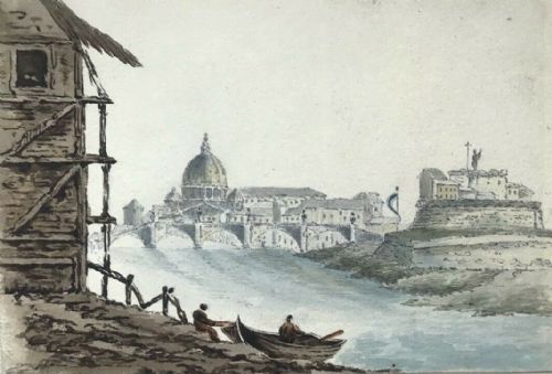 William Page Original Early 19th Century Antique Watercolour Painting Italy Bridge St Angelo Rome Italian Landscape