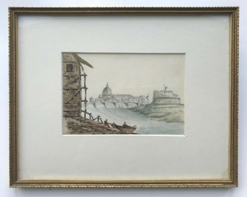 fig 1. William Page Original Early 19th Century Antique Watercolour Painting Italy Bridge St Angelo Rome Italian Landscape