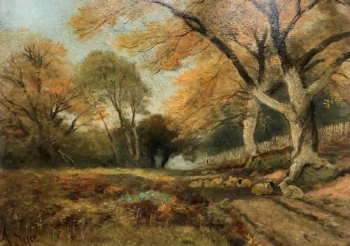John Syer Signed Original Late 19th Century Antique Oil Painting Sheep Resting in Tree Landscape