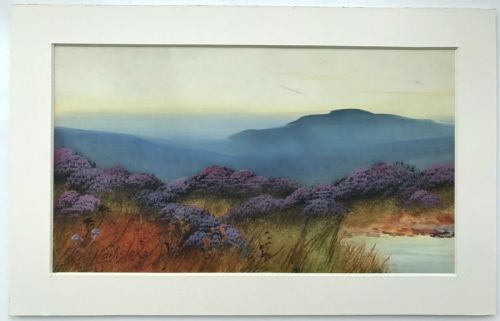 Signed Carlisle Original Antique Gouache Painting Heather on the Moors English Landscape