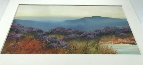 fig 1. Signed Carlisle Original Antique Gouache Painting Heather on the Moors English Landscape