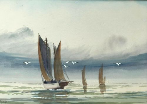 Signed a Hulk Original Antique Watercolour Painting Fishing Devon Titled Verso