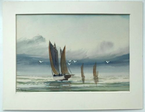 fig 1. Signed A Hulk Original Antique Watercolour Painting Fishing Devon Titled Verso