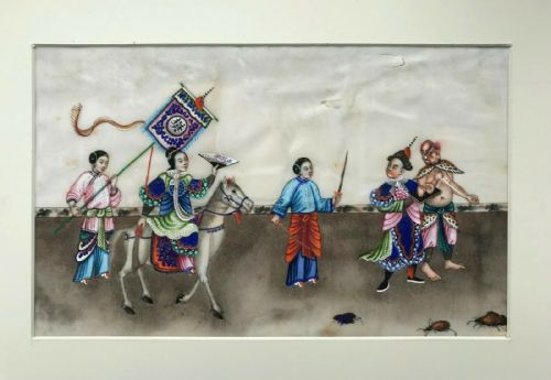 Original Antique Chinese Pith Paper Painting Intricate Figures Horse & Beetles