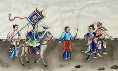 fig 1. Original Antique Chinese Pith Paper Painting Intricate Figures Horse & Beetles