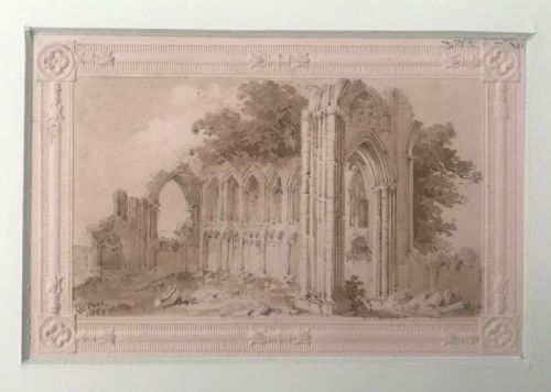 William Page Original Early 19th Century Antique 1829 Watercolour Painting St Mary's Abbey, York Embossed Paper Christmas Card with Provenance