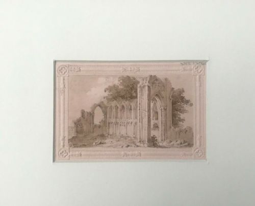 fig 1. William Page Original Early 19th Century Antique 1829 Watercolour Painting St Mary's Abbey, York Embossed Paper Christmas card with Provenance