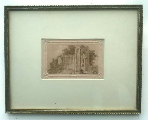 fig 2. William Page Original Early 19th Century Antique 1829 Watercolour Painting St Mary's Abbey, York Embossed Paper Christmas card with Provenance