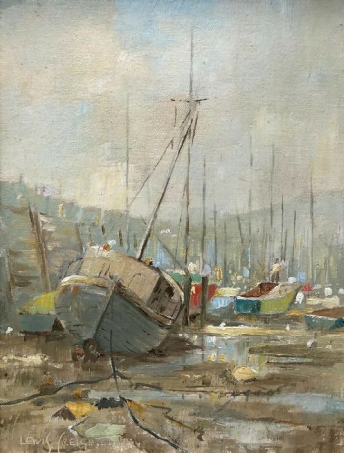 Lewis Creighton Original 20th Century Signed Oil Painting on Board Scarborough Outer Harbour Fishing Boats at Low Tide