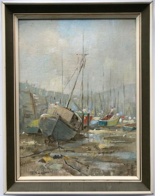 fig 1. Lewis Creighton Original 20th Century Signed Oil Painting on Board Scarborough Outer Harbour Fishing Boats at Low Tide
