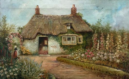F Fletcher Signed Original Early 20th Century Antique Oil Painting on Canvas Thatched Cottage Garden Flowers & Figure