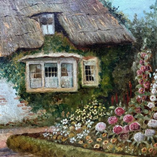 fig 1. F Fletcher Signed Original Early 20th Century Antique Oil Painting on Canvas Thatched Cottage Garden Flowers & Figure
