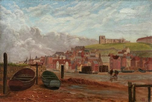 Monogram Cb Signed Original Antique Oil Painting on Canvas Whitby Harbour Low Tide Seascape Yorkshire Landscape