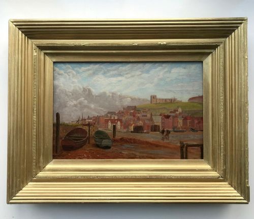 fig 1. Monogram CB Signed Original Antique Oil Painting on Canvas Whitby Harbour Low Tide Seascape Yorkshire Landscape