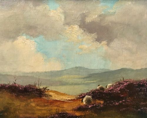 Lewis Creighton Original Signed English Oil Painting on Panel Sheep on North Yorkshire Moors