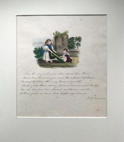 Original Signed Antique Watercolour Painting with a Poem, Young Children Playing