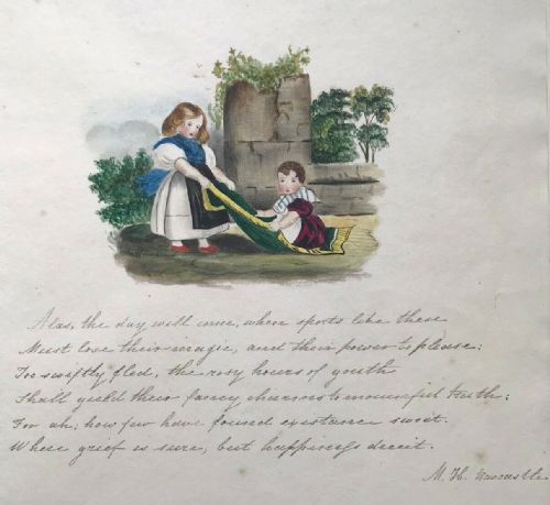 fig 1. Original Signed Antique Watercolour Painting with a Poem, Young Children Playing