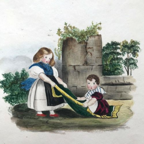 fig 2. Original Signed Antique Watercolour Painting with a Poem, Young Children Playing