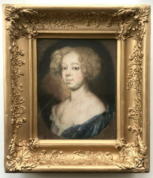 Manner of Sir Peter Lely Antique Pastel Portrait Study Drawing Painting of a Wealthy 17th Century Lady in a Blue Dress
